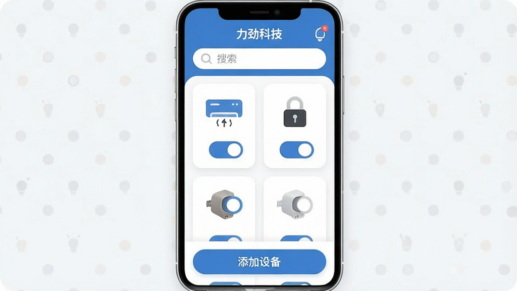 һ���豸���������ʾ��ͼ������Ϊ�������Ƽ���App���豸�б�ҳ�����ֶ��������������м��Կ�Ƭ��ʽ�����ŵ��ݡ��յ���������ͼ�꣬ÿ����Ƭ���п��ذ�ť���ײ��ǡ������豸����ť������ִ���ƽ��ϸ��Բ�󣬻��ʸɾ��޶���Ԫ��