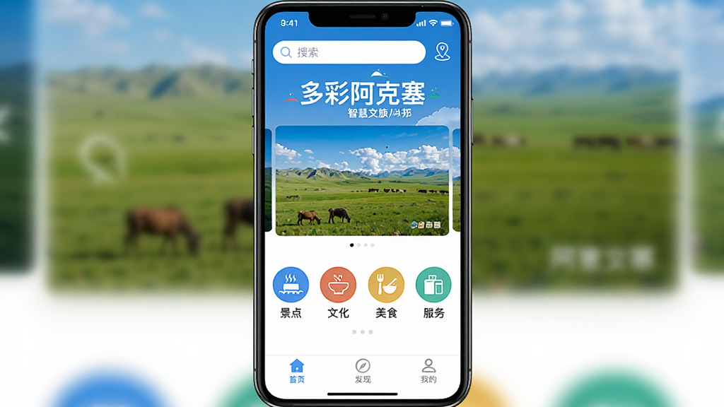 һ�������ֻ������ͼ��չʾ��ʰ�����APP��ҳȫò���������������Ͷ�λͼ�꣬�м��Ǵ���İ�������ԭ�羰�ֲ�ͼ���·��о��㡢�Ļ�����ʳ�������ĸ�Բ��ͼ�갴ť���ײ�������Ϊ��ҳ�����֡��ҵģ����������ִ���ɫ��������Ϊ��������ɾ�������ͻ������ʰ��������������ǻ���������