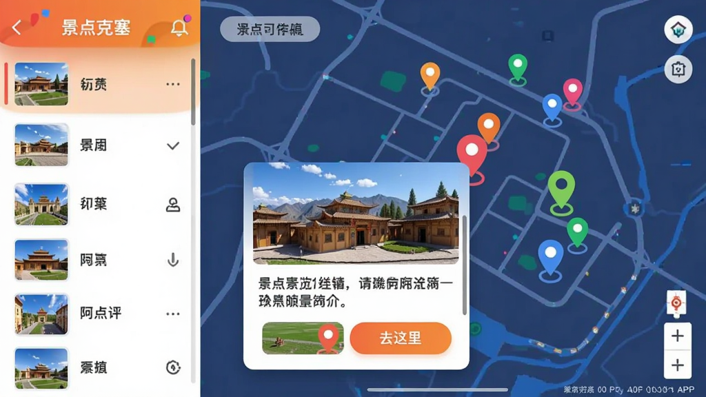 ��ʰ�����APP�ľ��㵼�����棬����Ǿ����б����Ҳ��Ǹ����ͼ����ͼ�ϱ��в�ɫ�ر꣬���һ���ر굯���������鿨Ƭ������ͼƬ�����͡�ȥ�����ť�����沼������������ƽ����ɫ�����������ʸɾ��޶���Ԫ��