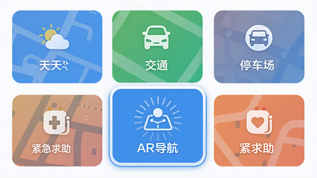 ��ʰ�����APP�ı������ҳ�棬չʾ��������ͨ��ͣ���������������ȶ�����ܿ�Ƭ��ÿ����Ƭ�м���ͼ������ƣ�����һ����Ƭͻ����ʾ��AR���������ܣ�������ÿ�Ƭʽ���֣�����࣬ɫ�����£����ʸɾ�