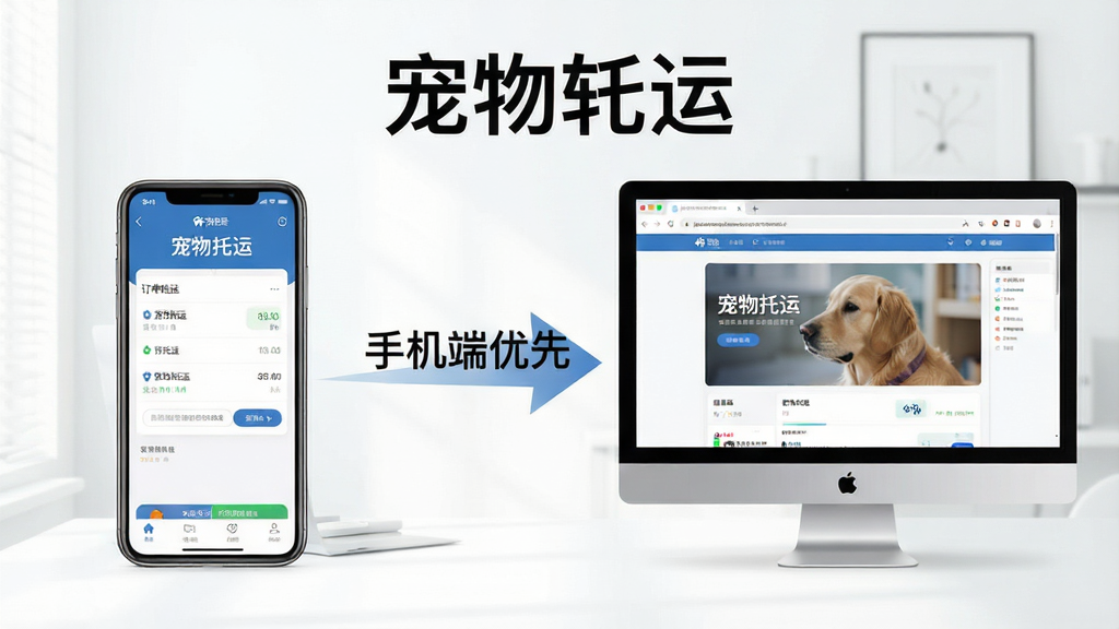 一张对比示意图,左边是手机,右边是电脑,手机屏幕上显示“宠物托运”APP的订单追踪界面,电脑屏幕上显示网页版模拟器,中间用箭头连接,配文“手机端优先”,背景简洁明亮,突出软件名称“宠物托运”,画质干净