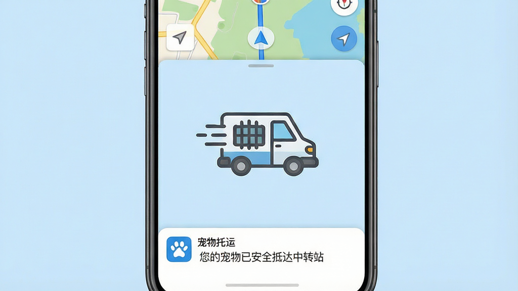 一张手机截图风格图片,顶部显示地图导航,中间是一辆宠物运输车图标在移动,底部是“宠物托运”APP的通知栏,显示“您的宠物已安全抵达中转站”消息,背景是简洁的浅蓝色,画面干净,突出软件名称“宠物托运”和实时定位功能