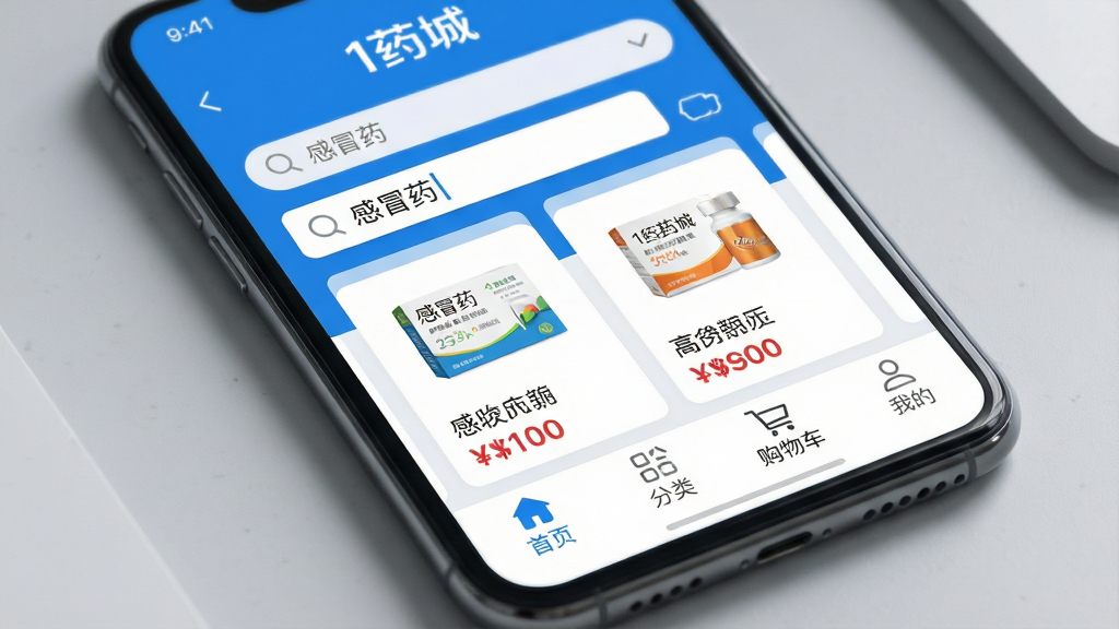一张智能手机屏幕特写,屏幕中清晰显示“1药城”App主界面,顶部搜索栏写着“感冒药”,中部商品卡片展示药品图片与价格,底部有“首页”“分类”“购物车”“我的”四个标签,整体UI风格简约现代,以蓝白为主色调,界面干净无多余元素,画质高清,光线柔和,手机边缘有淡淡阴影,背景为浅灰色桌面,突出App内容