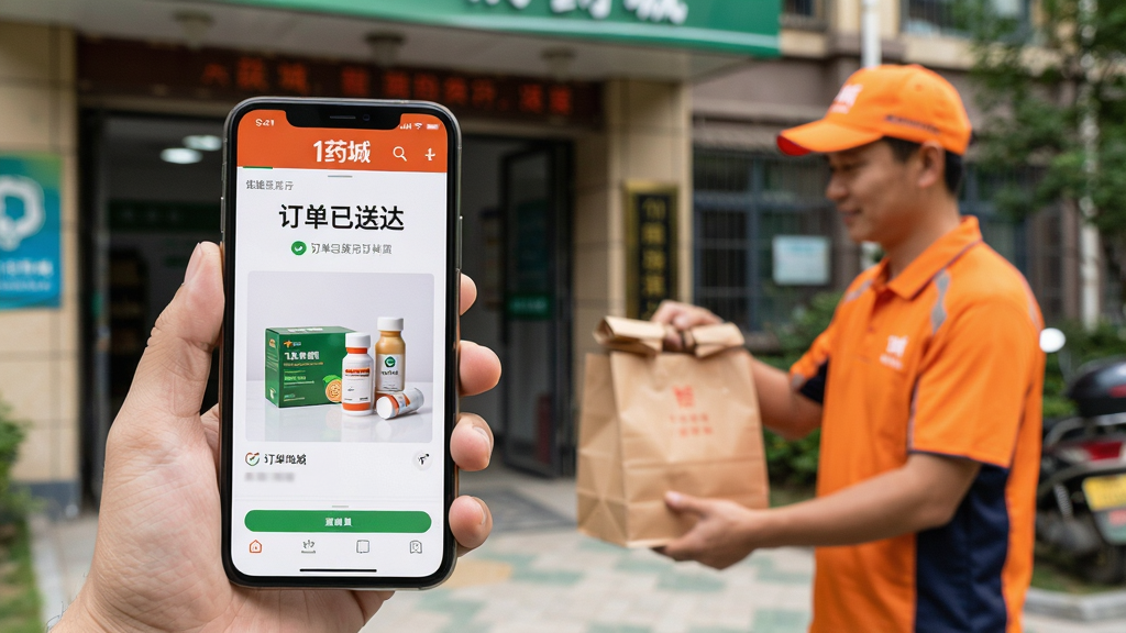 一张用户手持手机展示“1药城”订单配送进度的照片,手机屏幕中显示“订单已送达”字样和药品实拍图,背景为小区门口,快递员穿着橙色工作服正在递送纸袋,画面构图自然,光线明亮,突出真实感和服务细节,画质高清干净