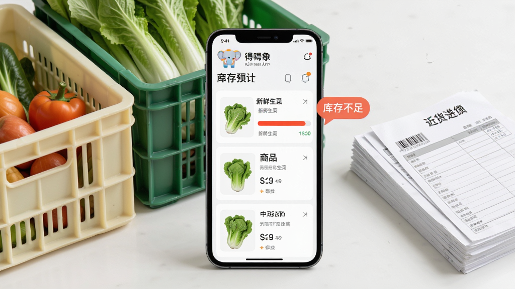 图片主体为“象”APP的库存预警界面,屏幕显示商品列表,其中一款“新鲜生菜”的库存进度条变红,旁边有“库存不足”提示气泡。手机旁边放着几个装有蔬菜的周转筐和一沓进货单。画面采用平视角度,风格清爽整洁,细节真实,画质干净无多余元素。