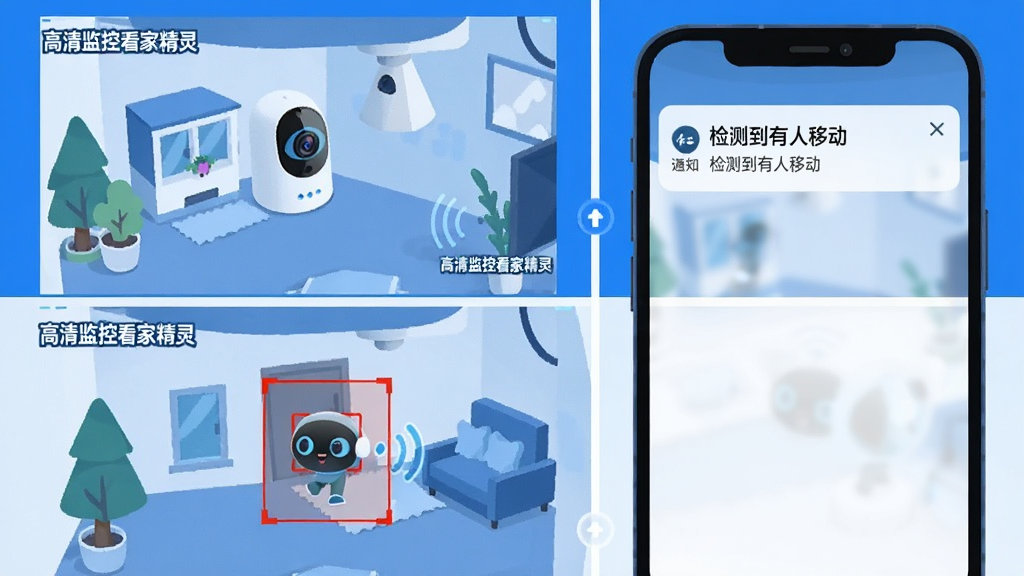 主体:高清监控看家精灵的移动侦测报警功能,手机收到报警通知,通知栏显示“检测到有人移动”,同时监控画面中标出移动物体红框。布局:左侧为监控画面,右侧为手机通知栏。排版:上下对照,清晰展示报警联动。风格:科技感扁平插画风,蓝白主色调。细节:画面中有“高清监控看家精灵”字样,通知内容清晰可读,画质干净无多余元素。