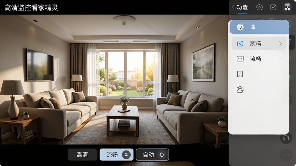 主体:高清监控看家精灵的实时预览功能界面,展示客厅全景,画面清晰细腻,可看到窗外的光线变化。布局:左侧为预览画面,右侧为功能设置面板。排版:画面占主要区域,功能面板悬浮于右侧。风格:写实风格与UI结合,色彩自然。细节:画面左上角标注“高清监控看家精灵”,底部有“高清”、“流畅”、“自动”三个画质切换按钮,画质干净无多余元素。
