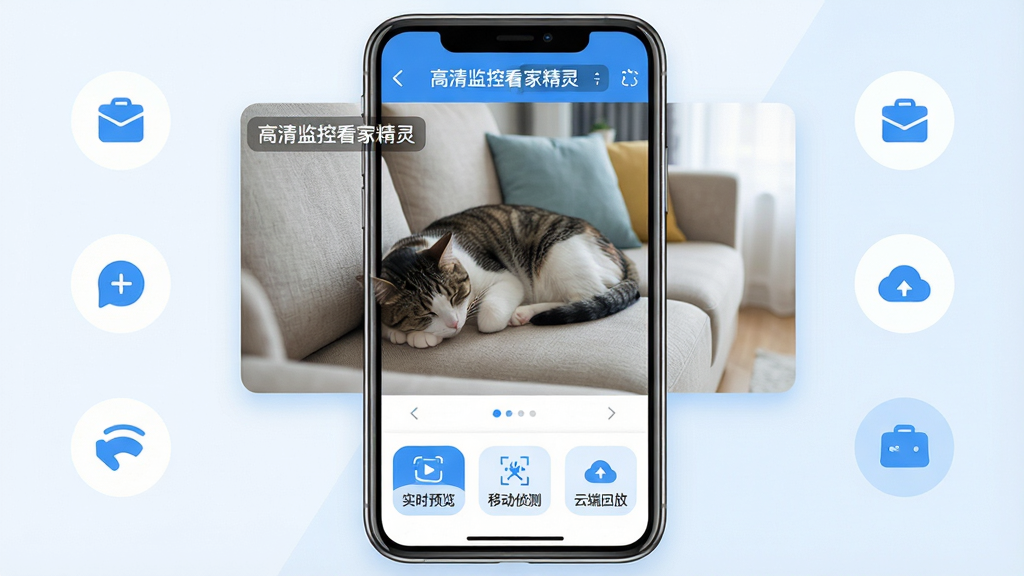 主体:高清监控看家精灵手机应用界面,手机屏幕内显示家庭客厅高清监控画面,画面中有宠物猫在沙发上睡觉。布局:手机居中,屏幕内容清晰可见,周围有简洁的图标和按钮。排版:上下结构,上方为实时画面,下方为功能按钮栏。风格:现代扁平化设计风格,色调以蓝白为主,清新简洁。细节:画面中标注“高清监控看家精灵”字样,按钮上有“实时预览”、“移动侦测”、“云端回放”等文字,画质干净无多余元素。
