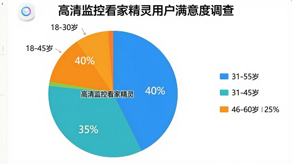 主体:高清监控看家精灵用户满意度饼状图,展示不同年龄段用户比例,标题为“高清监控看家精灵用户满意度调查”。布局:饼状图居中,图例在右侧。排版:清晰展示18-30岁占40%,31-45岁占35%,46-60岁占25%。风格:简洁商务风,色彩明亮,背景为白色。细节:图表标注清晰,有“高清监控看家精灵”字样,画质干净无多余元素。