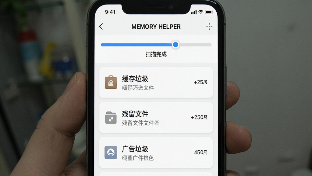һ���ֻ�Ӧ�ý����ͼ����ʾ��Memory Helper��������ɨ����ҳ�棬���б���ʽ�����г����������������������ļ�����������������ȷ��࣬ÿ����������ж�Ӧ���ļ���С����������ɫ�������͡�ɨ����ɡ�����������Ϊ��ɫ��Ƭ��񣬲��ּ��ֱ�ۣ����ʸ��壬ϸ�ڷḻ���޶���Ԫ�ء�