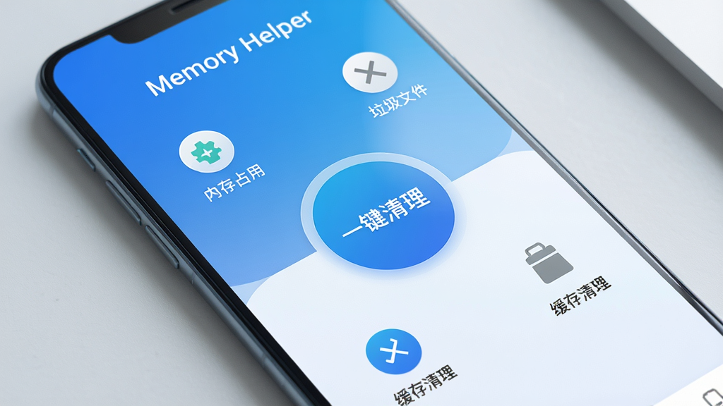 һ���ִ������ֻ�����Ļ��д����Ļ����ʾ��Memory Helper���ļ�������棬�����׽���Ϊ��ɫ����������һ������Բ�Ρ�һ����������ť����Χ�������ڴ�ռ�á������ļ������������������Ĺ���ͼ�꣬�ֻ������Ǹɾ���ǳ��ɫ���棬�������ƽ�����Ƽ��У����ʸ��壬������ͣ��޶���Ԫ�ء�