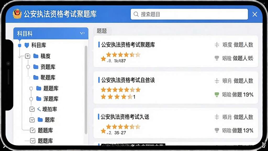 �����ͼ���廭������Ϊ������ִ���ʸ��Ծ���⡱APP�ڵ�����б�ҳ�棬�����ʾ��Ŀ���������Ҳ�Ϊ��Ŀ�б���ÿ����Ŀ���Ѷ��Ǽ������������������С�������Ŀ���������Ű�������������ɫ��ϸ�ڷḻ�����ʸɾ��޶���Ԫ�ء�