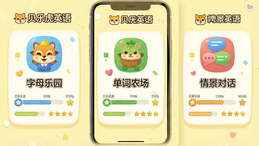 һ�ű��ֻ�Ӣ��App�Ŀγ��б���ͼ���ͼ����Ϊ�����ȼ�ģ�飬ÿ��ģ���в�ͬ��ɫ��ͼ��Ϳγ����ƣ��硰��ĸ��԰����������ũ���������龰�Ի�������������͵ĵ���ɫ���������࣬�Ű���������������ͨ��ϸ������ʾ���������������ۣ����ʸɾ��޶���Ԫ�أ�ͼƬ������Ϊ�����ֻ�Ӣ�