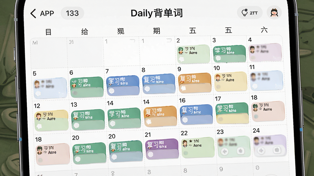 չʾһ�š�Daily�����ʡ�APP�ĸ�ϰ�ƻ����棬������������ͼ���ò�ͬ��ɫ���ÿ���ѧϰ����͸�ϰ���������������Ű����룬��������죬ϸ�ڷḻ�����ʸɾ��޶���Ԫ��