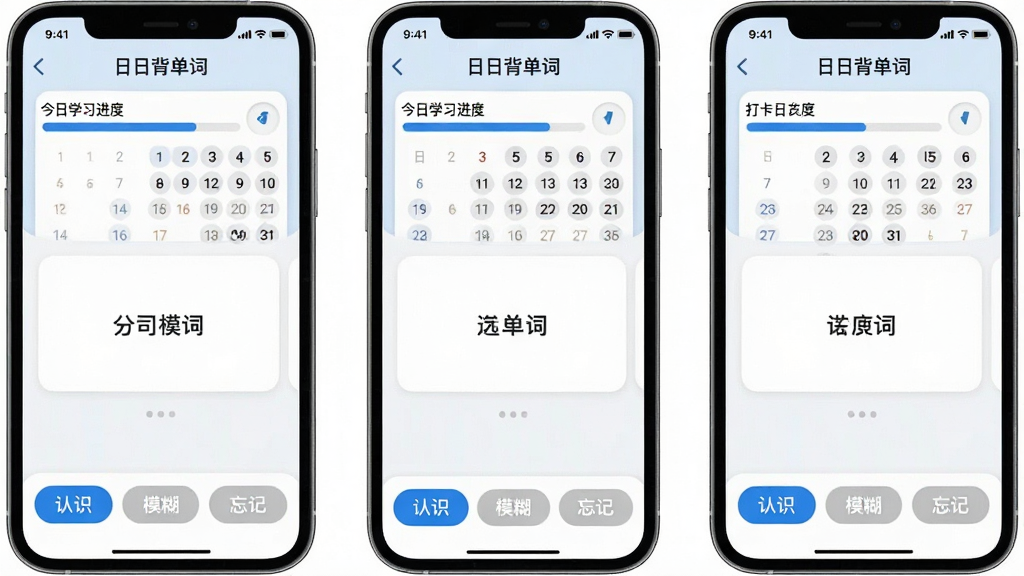 һ�Ÿ����ֻ���ͼ�������ǡ�Daily�����ʡ�APP�������棬���ּ�࣬�Ϸ���ʾ����ѧϰ�������ʹ��������м��ǵ��ʿ�Ƭ���ײ��С���ʶ����ģ���������ǡ�������ť���Ű�������������ɫ������ִ���ƽ��ϸ��Բ�󣬻��ʸɾ��޶���Ԫ��