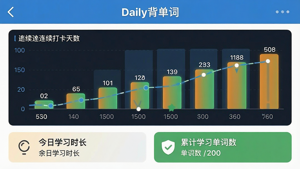 һ�š�Daily�����ʡ�APP��ѧϰͳ��ҳ���ͼ����������״ͼ��ʾ�������������·��н���ѧϰʱ�����ۼ�ѧϰ�������������������Ű����룬����࣬ϸ�ڷḻ�����ʸɾ��޶���Ԫ��