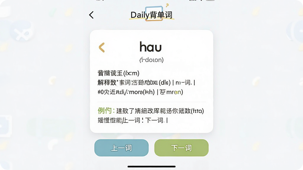 һ�š�Daily�����ʡ�APP�ĵ���ѧϰ����ҳ��ͼ�������ǵ��ʿ�Ƭ����ʾ���ʡ����ꡢ��������䣬��Ƭ�·��С���һ�ʡ�����һ�ʡ���ť�����־��У��Ű�����������࣬ϸ�ڷḻ�����ʸɾ��޶���Ԫ��