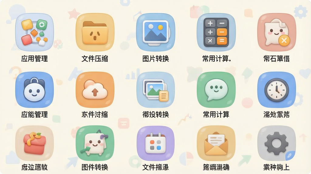 һ�Ÿ��ӽǶ�����ġ���ʮ���������ܾۺϽ��棬���������񲼾�չʾ�������ͼ�꣬������Ӧ�ù����������ļ�ѹ��������ͼƬת�����������ü��������ȣ�ÿ��ͼ���·����������ֱ�ǩ��ͼ�����Բ��ɰ����������ǳɫ�������Ű����룬���ʸɾ��޶���Ԫ�ء�