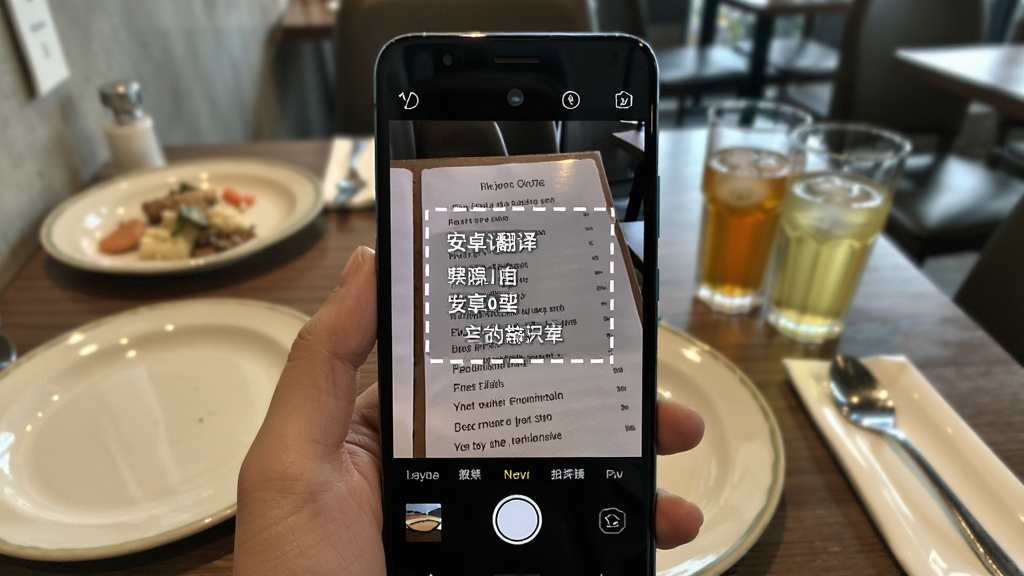 һ��չʾ����׿ʵʱ���롱���շ��빦�ܵ�ͼƬ���ֻ���Ļ��ʾ���ȡ�����׼һ��Ӣ�Ĳ˵�����Ļ�����ð�ɫ���߿������������ʾ�����ķ���������Χ�ǲ����������в��̺����ϣ��ص�չʾ����Ч������������Լ�����ʸɾ����޶���Ԫ�ء�