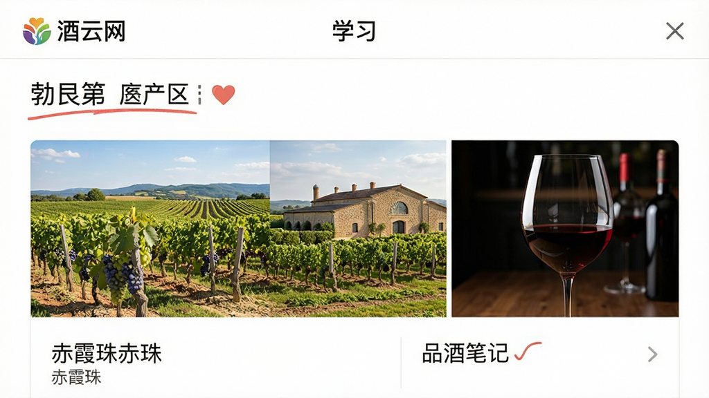 һ��չʾ����������APP�С�ѧϰ�����Ľ�ͼ����Ļ����ʾһƪ�������ѾƲ�����ͼ�����£���������԰����ׯ�����ѾƱ��ľ���ͼƬ�������Ű��������С����޵ڡ�������ϼ�顱����Ʒ�Ʊʼǡ���������������רҵ���׺ͣ����ʸɾ����޶���Ԫ�ء�