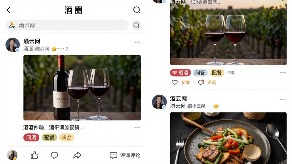 һ��չʾ����������APP�С���Ȧ����������Ľ�ͼ��ҳ�����ж����û������Ķ�̬���������Ѿ���Ƭ�����֣��С�ɹ�ơ������ʴ𡱡�����͡��Ȼ����ǩ���ײ��е��޺�����ͼ�꣬��������ã����ʸɾ����޶���Ԫ�ء�