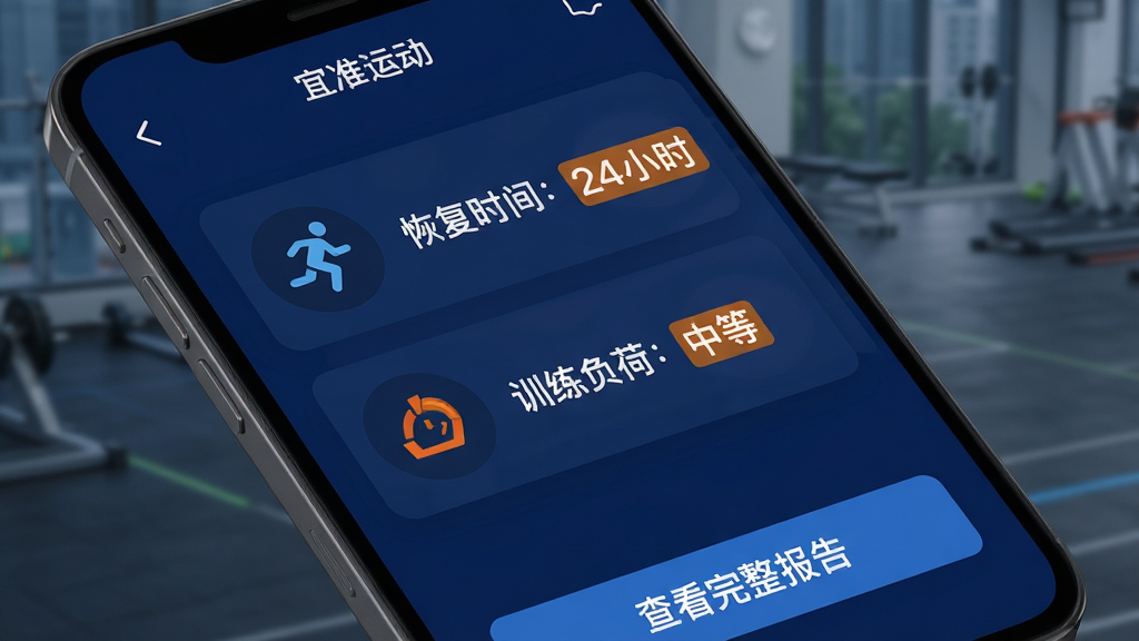 主体:手机屏幕展示“宜准运动”App的训练分析报告,包含“恢复时间:24小时”、“训练负荷:中等”等文字。布局:报告以卡片式呈现,左侧为图标,右侧为文字。排版:字体清晰,重点数据用橙色高亮。风格:科技感与运动感结合,底色深蓝。细节:页面底部有“查看完整报告”按钮。画质:高清,界面干净无多余元素。
