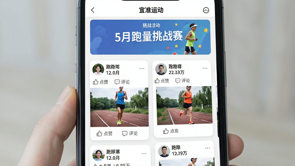主体:手机屏幕显示“宜准运动”App的社区页面,顶部有“挑战活动”横幅,下方是跑友发布的动态卡片。布局:瀑布流形式,卡片包含用户头像、昵称、运动数据和照片。排版:文字简洁,配图清晰。风格:社交平台风格,但更简洁。细节:横幅上写着“5月跑量挑战赛”,动态卡片左下角有“点赞”和“评论”按钮。画质:高清,干净无多余元素。