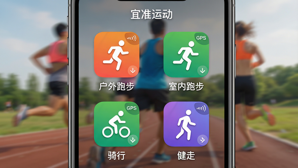 主体:手机屏幕显示“宜准运动”App的运动模式选择界面,包含“户外跑步”、“室内跑步”、“骑行”、“健走”四个彩色图标。布局:图标呈2x2网格排列,背景为模糊的运动场景。排版:图标下方有中文名称。风格:扁平化图标,色彩鲜艳。细节:每个图标都有小箭头标识,右上角有“GPS”信号标识。画质:高清,干净无多余元素。