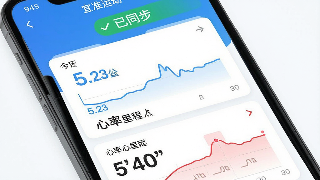 主体:手机屏幕显示“宜准运动”App的数据同步成功页面,包含今日步数、跑步里程、心率曲线图。布局:数据卡片纵向排列,页面顶部有“已同步”绿色标识。排版:信息层级分明,数字大而清晰。风格:现代扁平化UI,蓝白配色。细节:心率曲线平滑,里程数字显示“5.23公里”,配速“5’40””。画质:高清,界面干净无多余元素。