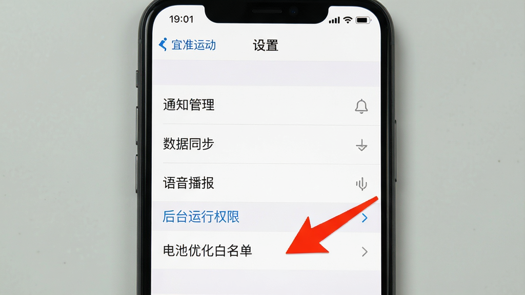 主体:手机界面显示“宜准运动”App的“设置”页面,高亮显示“后台运行权限”选项。布局:设置列表竖向排列,包含“通知管理”、“数据同步”、“语音播报”等。排版:文字清晰。风格:简洁列表风格。细节:红色箭头指向“电池优化白名单”选项。画质:高清,干净无多余元素。