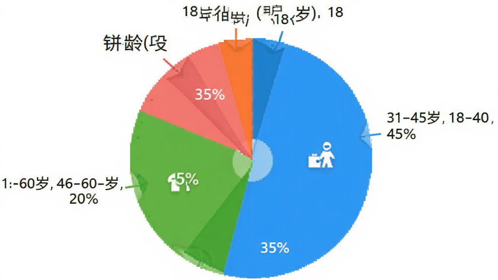 饼状图:展示用户年龄段分布,18-30岁占35%,31-45岁占45%,46-60岁占20%。风格简洁,颜色明快。