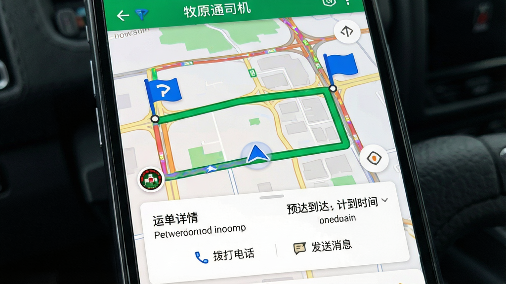 ���壺�ֻ���Ļ��ʾ����ԭͨ˾����APP���õ�ͼ�������棬·��Ϊ��ɫ���ߣ������յ�����ɫ���ı�ǡ����֣���ͼռ��Ļ�󲿷֣��ײ��а�ɫ��Ƭ��ʾ�˵������Ԥ�Ƶ���ʱ�䡣�Ű棺��Ƭ�������������С�����绰����������Ϣ������Сͼ�ꡣ��񣺸ߵµ�ͼ���ɫ��������ϸ�ڣ���ͼ����·����ɫ����������λ������ɫ��ͷ��ʾ�����ʣ����壬�ɾ����޶���Ԫ�ء�