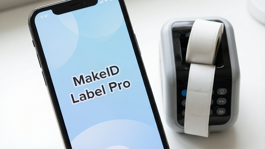 һ�������ֻ���Ļ��д����Ļ������ʾ��MakeID Label Pro��Ӧ�ý��棬���������ִ�������Ϊ��͵�ǳ��ɫ���䣬�ֻ��Ա߰ڷ���һ̨С�ͱ�Яʽ��ǩ��ӡ������ӡ������һ����ɫ��ǩֽ����ͼ���ֻ�Ϊ���壬��ǩ��ӡ��Ϊ�����Ű�ɾ�������������������Ȼ�⣬ϸ�ڷḻ�����崫�����ݡ���Ч�����ߴ�ӡ��Χ��