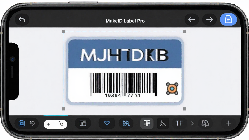 һ���ֻ�Ӧ�ý�ͼ����ʾ��MakeID Label Pro���ı༭���棬��Ļ����һ�����ڱ༭�ı�ǩ��ƣ���ǩ�а������֡��������һ��Сͼ�꣬���涥���г����������ͱ��水ť���ײ�������������������Ϊǳɫ���ֻ���Ļ���У�����������ϸ�ڷḻ�������רҵ��