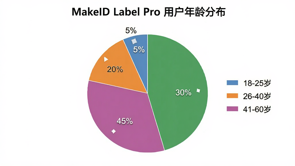 һ�ű�״ͼ������Ϊ��MakeID Label Pro �û�����ֲ�����ͼ��չʾ�ĸ�����Σ�18-25�ꡢ26-40�ꡢ41-60�ꡢ60�����ϣ���ռ�ȣ��ֱ�Ϊ30%��45%��20%��5%��ÿ��ɫ����ɫ��ͬ��ͼ������������Ϊ��ɫ��ͼ�����У����ʸɾ������������