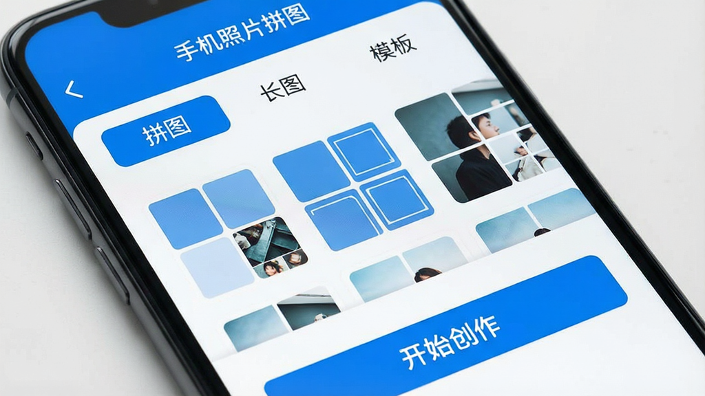 һ���ֻ���Ļ��д����Ļ����ʾ���ֻ���Ƭƴͼ��APP�������棬���沼���������Ϸ��ǡ�ƴͼ��������ͼ������ģ�塱����ѡ����м�չʾ�˼���ƴͼ��ʽ������ͼ���·�����Ŀ�ġ���ʼ��������ť���������ִ���Լ��������ɫ�����ʸɾ����޶���Ԫ�ء�