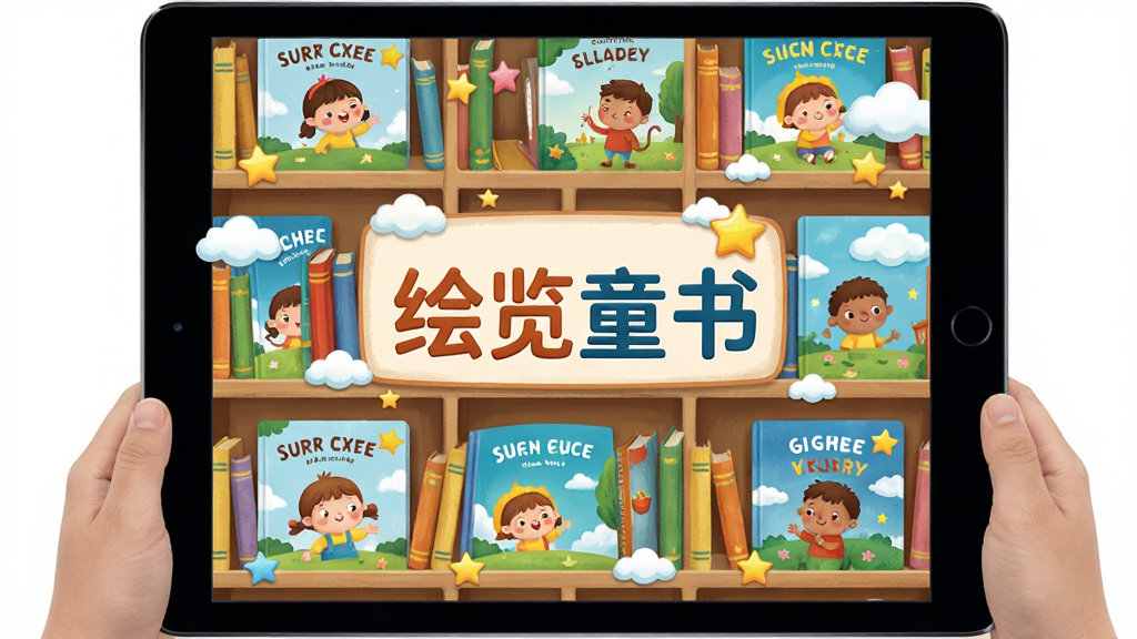 һ��չʾ����ͯ��APP��ƽ����������еĳ���ͼ��������ɫ�����޵Ķ�ͯ�汾����ǽ���м��С�����ͯ�顱����������Ϊ���ʽ�������У��Ű����룬���ͨ�ɰ���ϸ�ڰ������Ǻ��ƶ�װ�Σ����ʸ���ɾ����޶���Ԫ�ء�