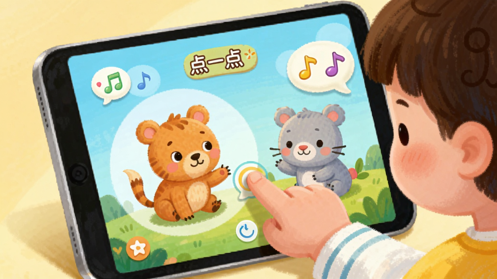 ����ͯ��APP�Ļ汾�Ķ����棬������һ��������������ָ�����Ļ�ϵ�С��������������Ű��л�����ʾ���ݣ����ͯȤ�ɰ���ϸ���С���һ�㡱����������ͼ�꣬���������ɾ����޶���Ԫ�ء�