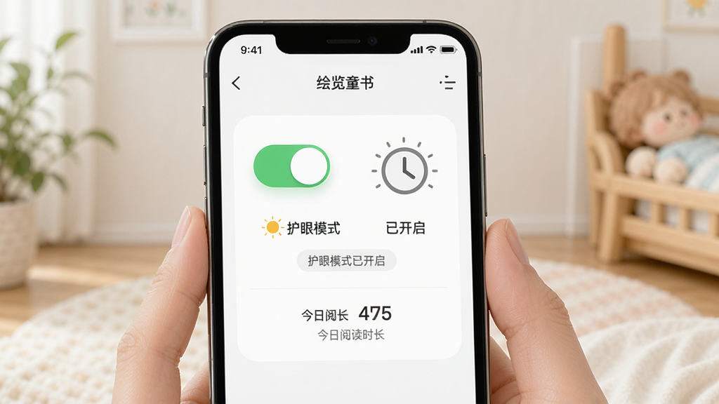 ����ͯ��APP�Ļ���ģʽ���ý��棬�����Ǽҳ��ֻ��ϵĿ�����壬�����������Ű��п��ذ�ť��ʱ��ͼ�꣬����ִ���Լ��ϸ���С�����ģʽ�ѿ������͡������Ķ�ʱ�������������ʸɾ��޶���Ԫ�ء�
