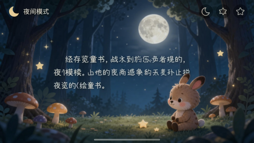 ����ͯ��APP��ҹ��ģʽ�µ��Ķ����棬����������¹��µ�ɭ�ֳ������������ʣ��Ű�������������ͼ�꣬�������ܰ��ϸ���С�ҹ��ģʽ�����������ʸɾ��޶���Ԫ�ء�