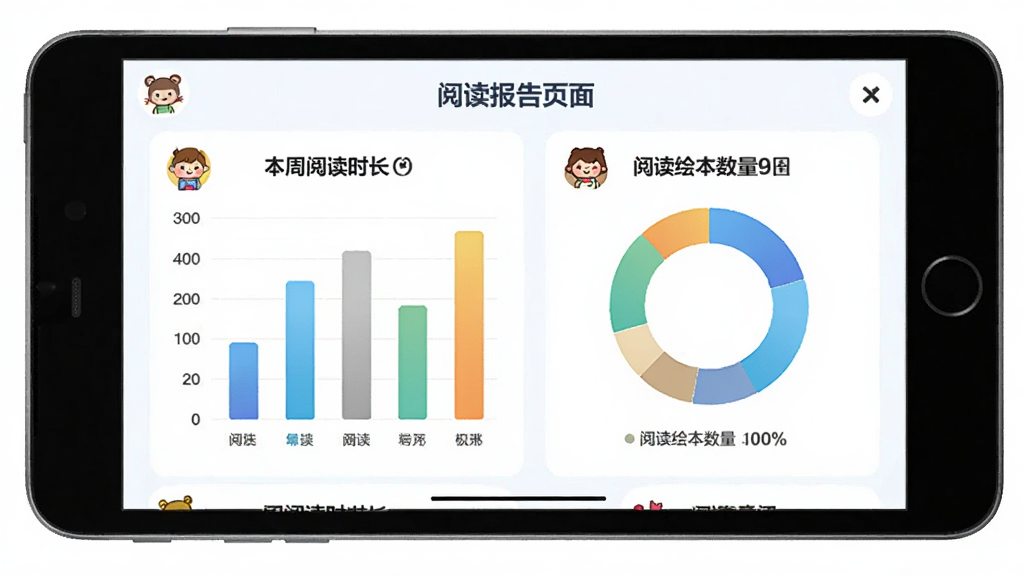 ����ͯ��APP���Ķ�����ҳ�棬������ͳ��ͼ���Ϳ�ͨͼ�꣬�����������Ű�����״ͼ�ͻ���ͼ�������רҵ��ϸ���С������Ķ�ʱ�����͡��Ķ��汾���������������ʸɾ��޶���Ԫ�ء�
