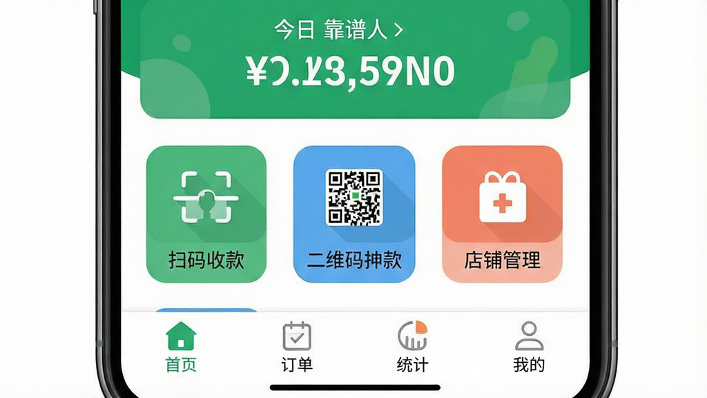 һ���ֻ��������ͼ����ʾ�������ˡ�App��������ɫ������ʾ�����տ���в���ɨ���տ��ά���տ���̹���������ͼ�꣬�ײ�����Ϊ��ҳ��������ͳ�ơ��ҵģ��������ִ�����ƽ����ƣ�ɫ�����£����ʸɾ����޶���Ԫ��