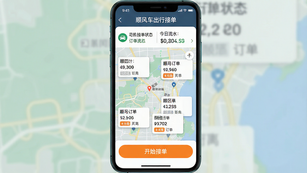 ����һ���ֻ�Ӧ�ý�ͼ���ͼƬ�������ǡ�˳�糵���нӵ���App�������棬�����Ϸ���ʾ˾���ӵ�״̬�ͽ�����ˮ���м��ǵ�ͼ����ͼ�Ϸֲ��ż���˳·������Ƭ���·��ǡ���ʼ�ӵ����ĳ�ɫ��ť�������Ű�������࣬����ƽ����ϸ�ڰ����������;����ǩ�����ʸɾ����޶���Ԫ�أ�������ˮӡ��