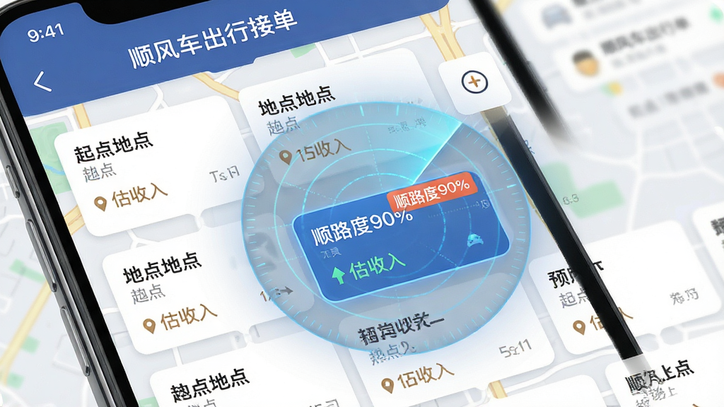 ����һ���ֻ�App������ʾͼƬ�������ǡ�˳�糵���нӵ��������������״���棬�����ǵ�ͼ�ϵĶ�����Ƭ�б�����Ƭ����ʾ����յ��Ԥ�����룬����һ����Ƭ���������С�˳·��90%����ǩ���Ű����������дʵ��ϸ�ڰ����״�ɨ�趯��Ч�������ʸɾ����޶���Ԫ�ء�
