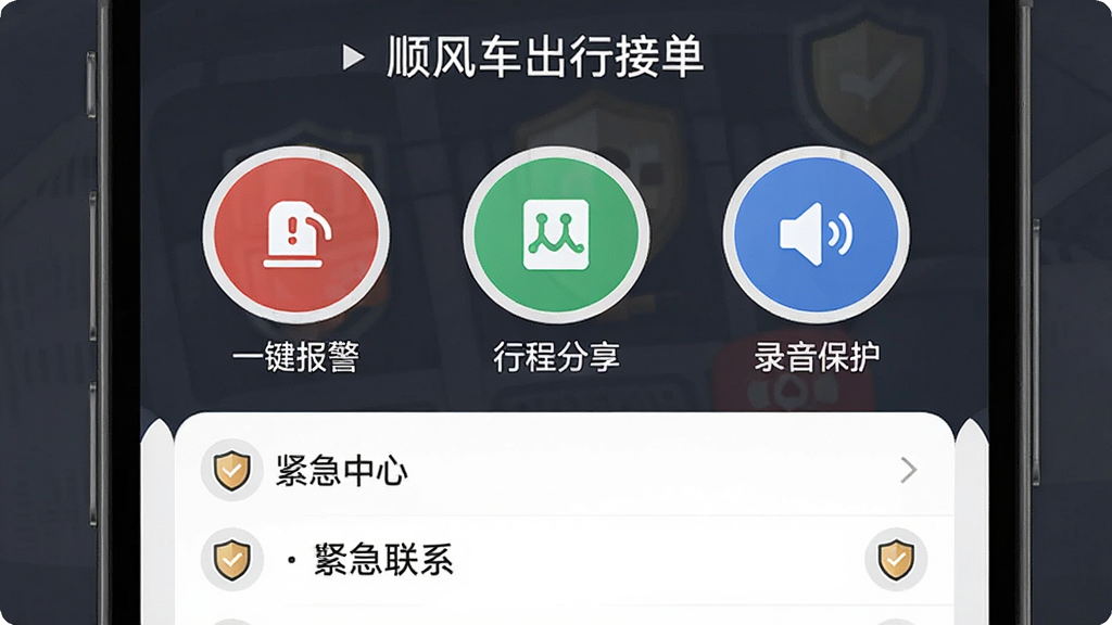 ����һ���ֻ�App����ͼƬ�������ǡ�˳�糵���нӵ����İ�ȫ���Ľ��棬�����С�һ�������������г̷���������¼������������˶���Բ��ͼ�갴ť���·��ǽ�����ϵ�������б����Ű��������������࣬ϸ�ڰ�ť�ж���Сͼ�꣬���ʸɾ����޶���Ԫ�ء�