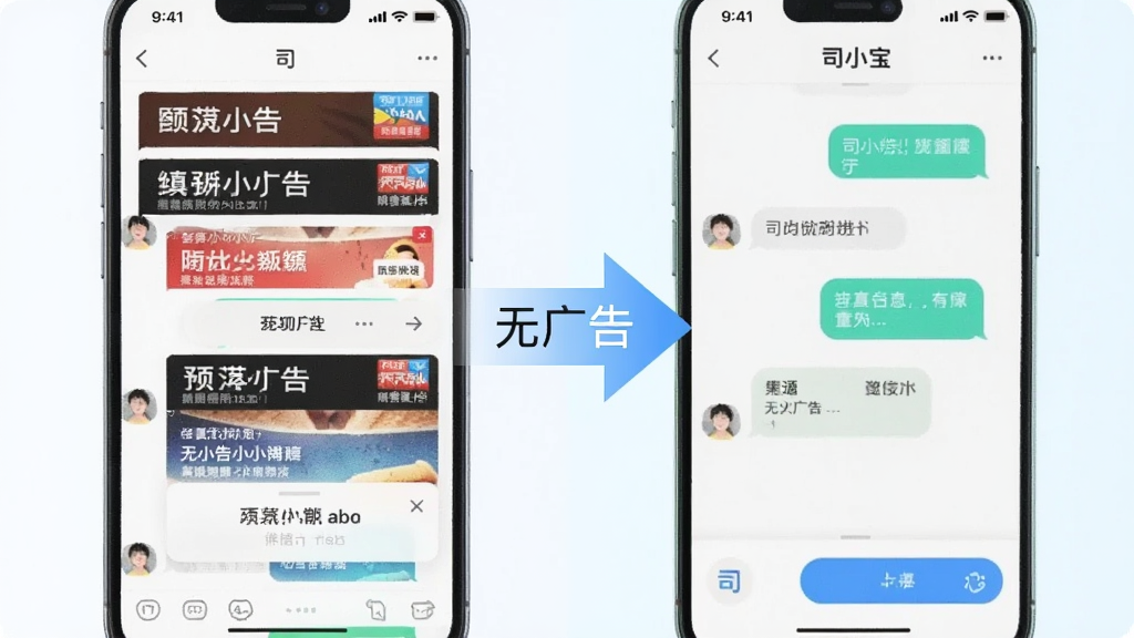 图片描述:一个对比画面,左边是其他聊天软件界面中布满广告横幅和弹窗,右边是