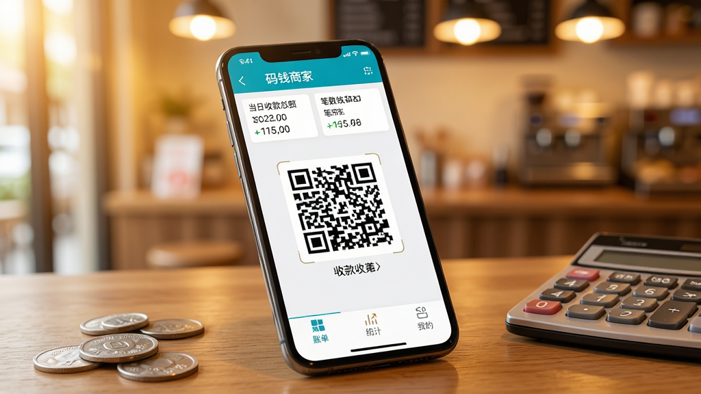 һ��չʾ�����ֻ���Ļ����д���ֻ���Ļ��������ʾ��Ǯ�̼�App�Ľ��棬���涥���е����տ��ܶ�ͱ���ͳ�ƣ��м���һ����ߴ���տ��ά�룬�ײ����˵���ͳ�ƺ��ҵ�����ѡ����ֻ�����ľ�������ϣ��Ա�ɢ������Ǯ�ͼ���������������ܰ��С�껷����ůɫ���ƹ⣬��������ɾ�������ϸ�ڷḻ�����дʵ�����ʸ��塣