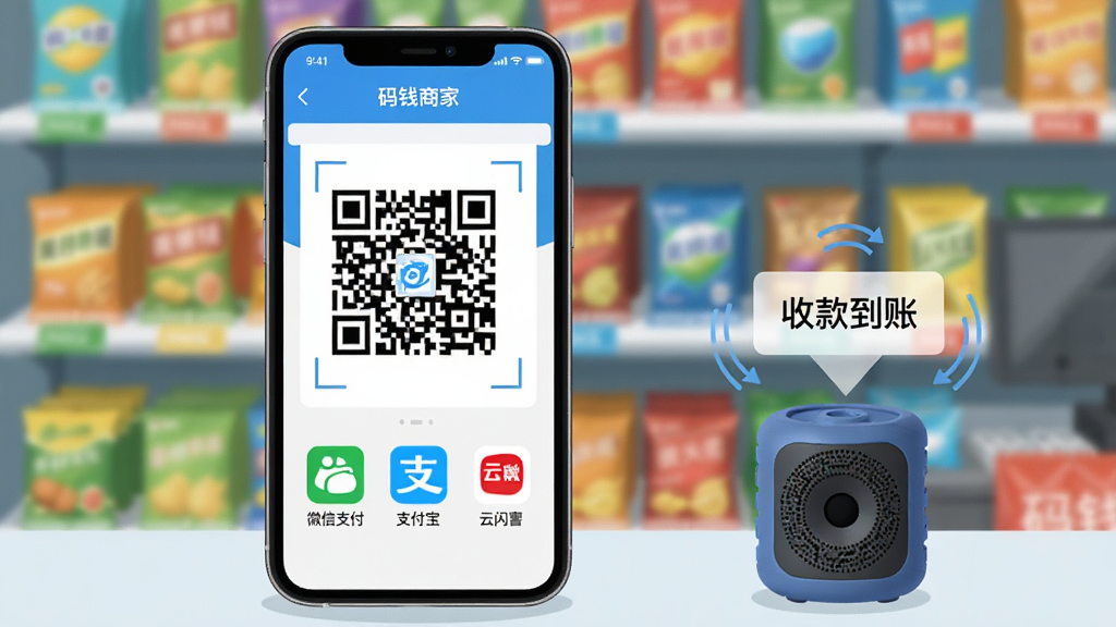 һ��չʾ��Ǯ�̼Ҿۺ��տ�ܵ�ʾ��ͼ������������һ̨�����ֻ�����Ļ����ʾ��Ǯ�̼�App���տ���棬��ά��ռ����Ļ���룬�·�������Сͼ��ֱ����΢��֧����֧���������������Ա���һ��С�������������ڲ������տ�ˡ���������ģ���ı�������ܣ�����ƽ�ִ���ɫ��������ϸ�ھ��£����ʸɾ���