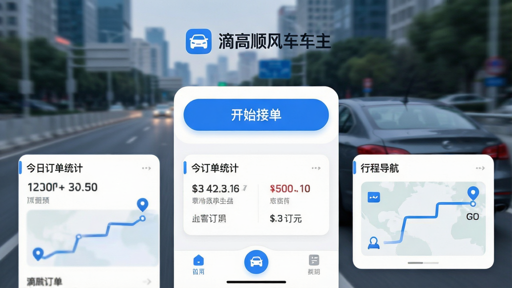 ���壺�θ�˳�糵����app���������ܽ���չʾ��������ģ���ĳ��е�·��һ����ʻ�еĽγ������֣���������ƫ��λ����app���ơ��θ�˳�糵��������logo���·����������š���ʼ�ӵ�����ť�����ն���ͳ�ƿ�Ƭ���г̵�����Ƭ�͵ײ����������Ű棺�������½ṹ�����η�������ť��Ŀ������ִ���ƽ����ƣ�������ɫ����Բ�ǿ�Ƭ��ͼ���ࡣϸ�ڣ����н���Ԫ�������ɶ�����Ļ����ʾ��������·�ߣ����ʸɾ��޶���Ԫ�ء�