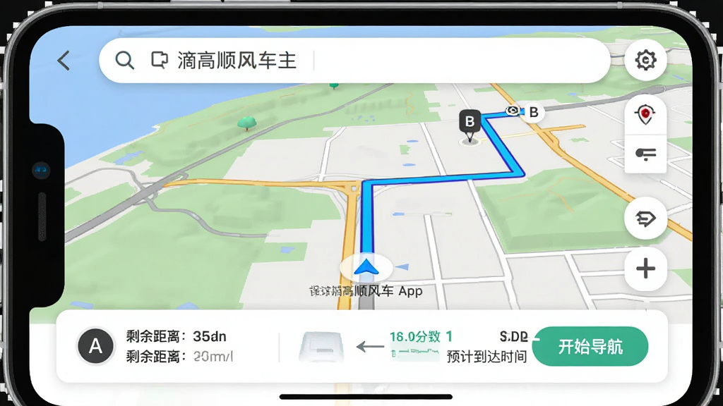 ���壺�θ�˳�糵����app�ĵ������棬��ʾ��A�㵽B���·�߹滮�����֣��Ϸ������������м��ǲ�ɫ��ͼ����ͼ����һ��������ɫ·�ߣ��ײ��ǵ�����ʾ��Ƭ����ʾʣ������Ԥ�Ƶ���ʱ�䡣�Ű棺��ͼռ��Ҫ�������Ϣ��Ƭ�����ڵײ������дʵ��ͼ���ɫ����Ȼ����·������ϸ�ڣ�����ģ����ʵ�����������С���ʼ��������ť�����ʸɾ���